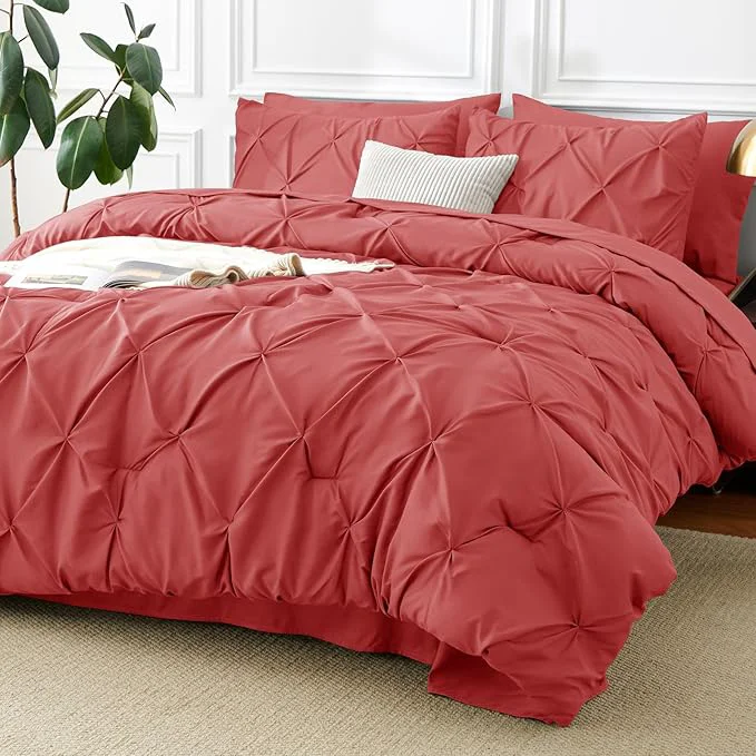 Genuine CozyLux Full Size Comforter Sets Coral 7 Pieces Pintuck Bed in A Bag Coral Trendy