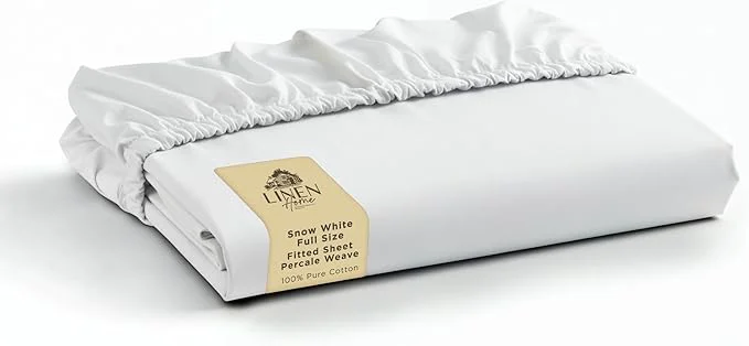 Professional Linen Home Cotton Percale Weave Fitted Sheet Full Size Snow White Responsible