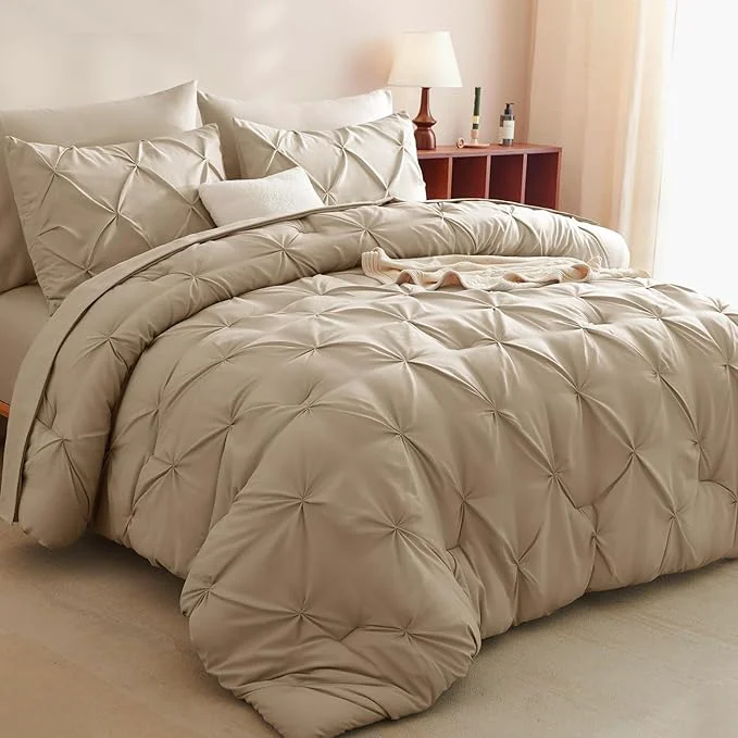 Classic CozyLux Queen Comforter Set Taupe 7 Pieces Pintuck Bed in A Bag Premium Taupe Excellent