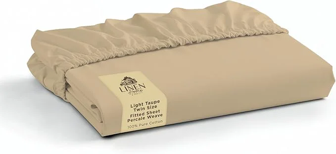 Soft Linen Home Cotton Percale Weave Fitted Sheet Twin Size Light Taupe Minimalist