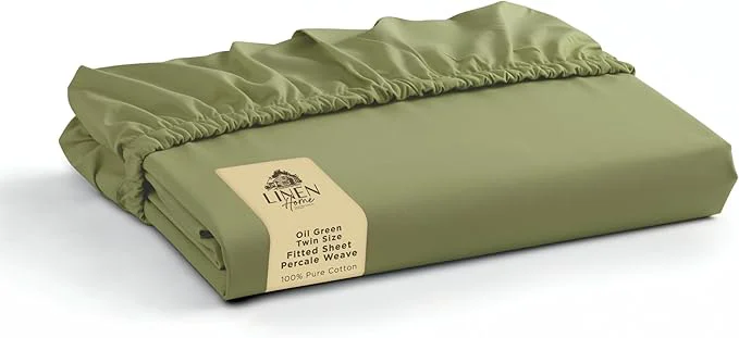 Effective Linen Home Cotton Percale Weave Fitted Sheet Twin Size Oil Green Unique