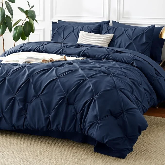 Breathable CozyLux Queen Comforter Set Navy Blue 7 Pieces Pintuck Bed in A Bag Premium Classic