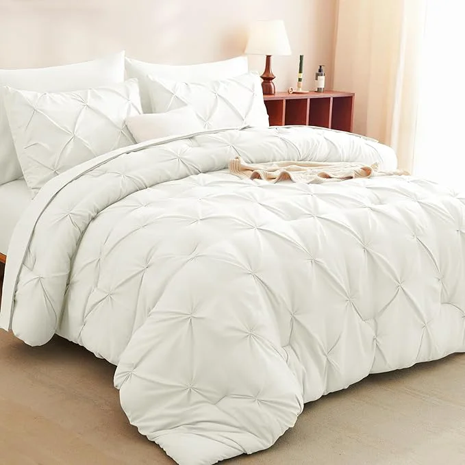Artisan CozyLux King Size Comforter Set Ivory 7 Pieces Pintuck Bed in A Bag Ivory Lightweight