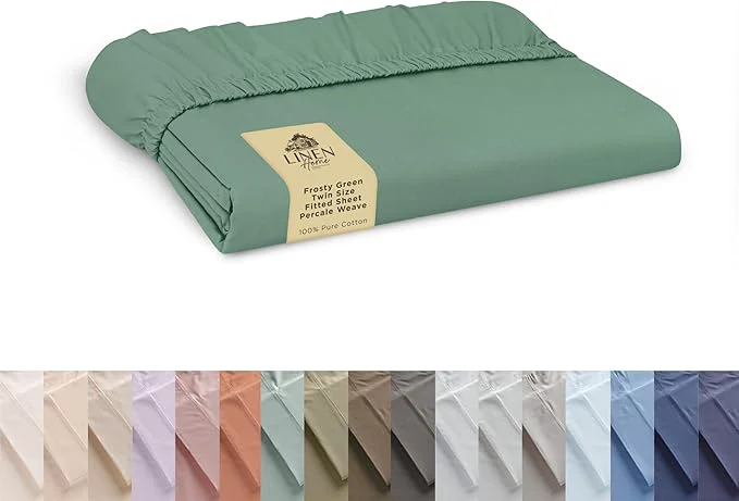 Top-Quality Linen Home Cotton Percale Weave Fitted Sheet Twin Size Frosty Green High-End