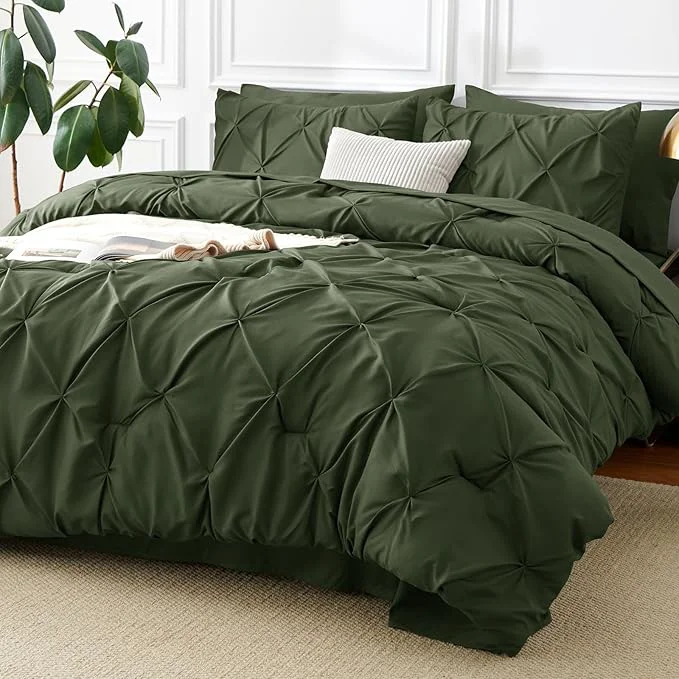 Practical CozyLux Queen Comforter Set Olive Green 7 Pieces Pintuck Bed in A Bag Advanced