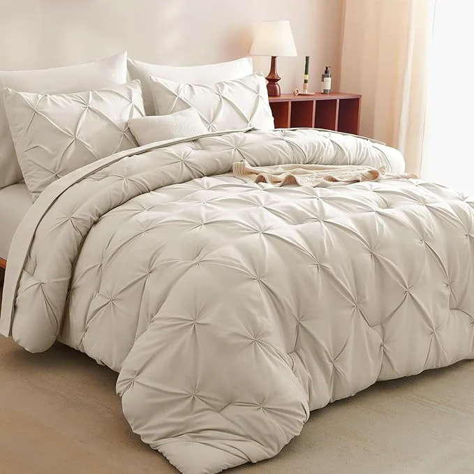 Lightweight CozyLux King Size Comforter Set Beige 7 Pieces Bed in A Bag Beige Comforter Practical