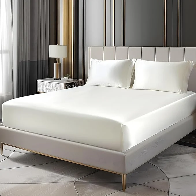 Natural BEDELITE Satin Fitted Sheet and Pillowcases Set Luxury Soft Similar to Silk