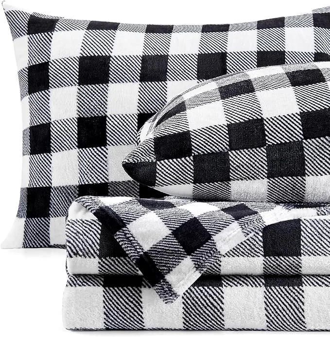 Powerful BEDELITE Fleece Sheets Queen Size Bed Set Luxury Red and Black Plaid Winter Safe