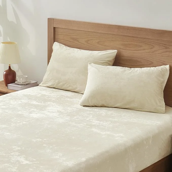 BEDELITE Velvet Fitted Sheet and Pillowcase Set Luxury Soft Fuzzy Bottom Sheet Reliable