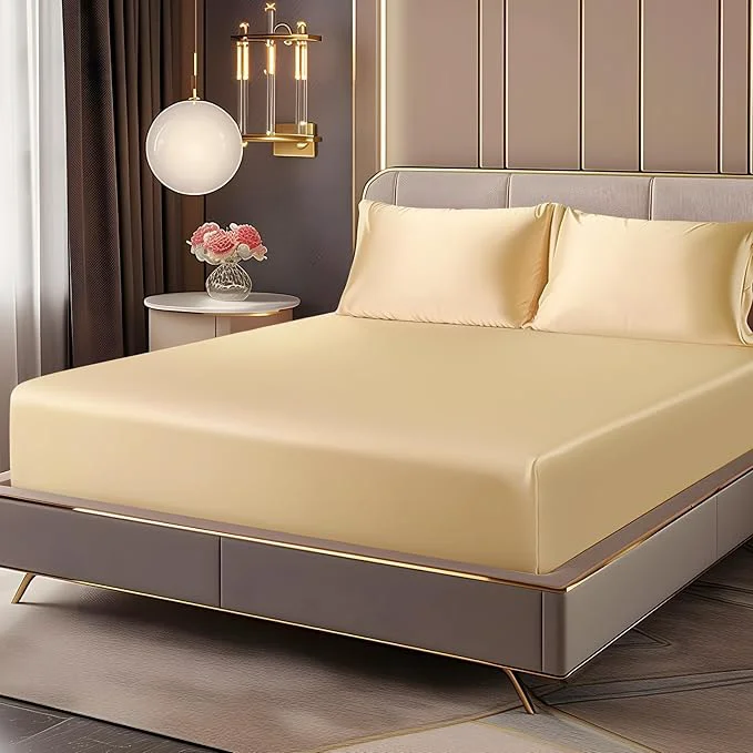 BEDELITE Satin Fitted Sheet and Pillowcases Set Luxury Soft Similar to Silk Advanced