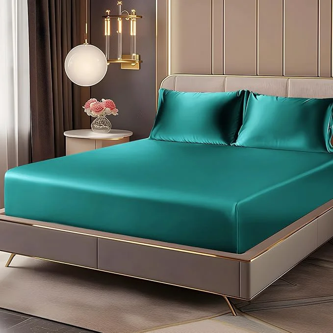 Exclusive BEDELITE Satin Fitted Sheet and Pillowcases Set Luxury Soft Similar to Silk Fast