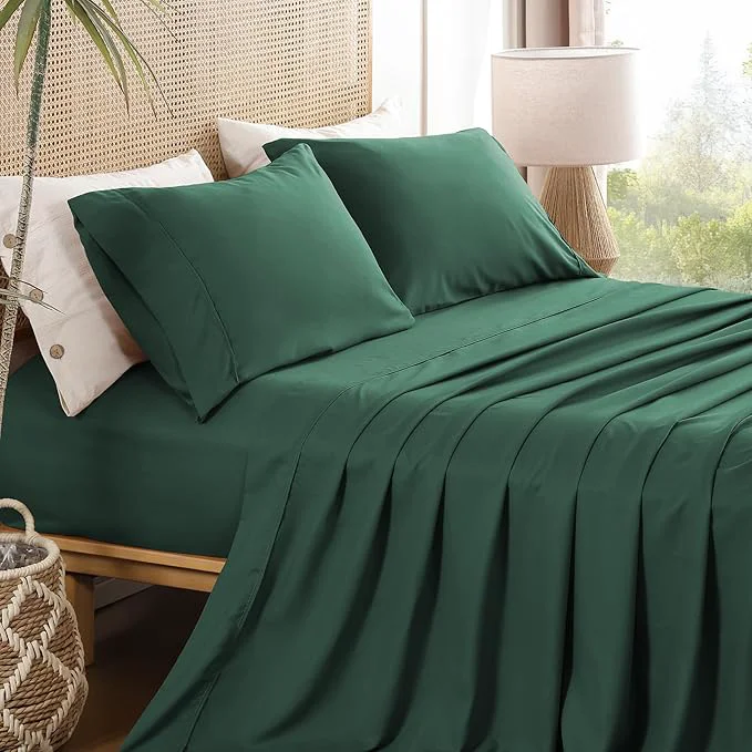 Detailed Full Sheet Set 4 Piece Wrinkle Oeko-Tex Bedsheets，Olive Green Minimalist