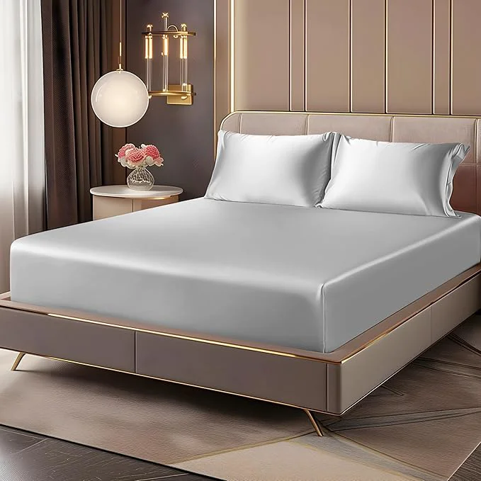 Smooth BEDELITE Satin Fitted Sheet and Pillowcases Set Luxury Soft Similar to Silk Premium