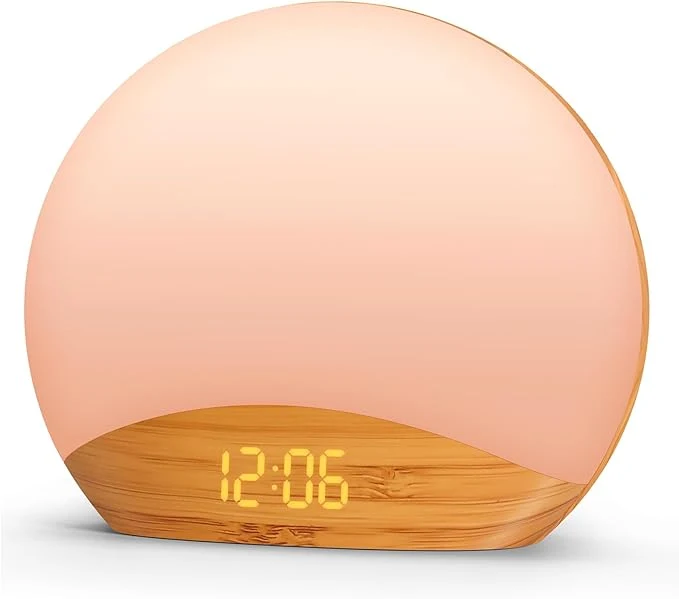 Powerful REACHER Wood Grain Sunrise Alarm Clock and Sound Machine Nightlight Digital Safe