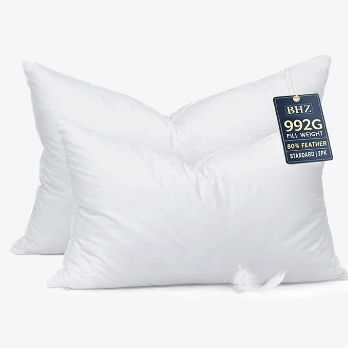 Official BHZ Down Feather Standard Queen Pillows Set of 2 Pack Luxury Hotel Collection Fine