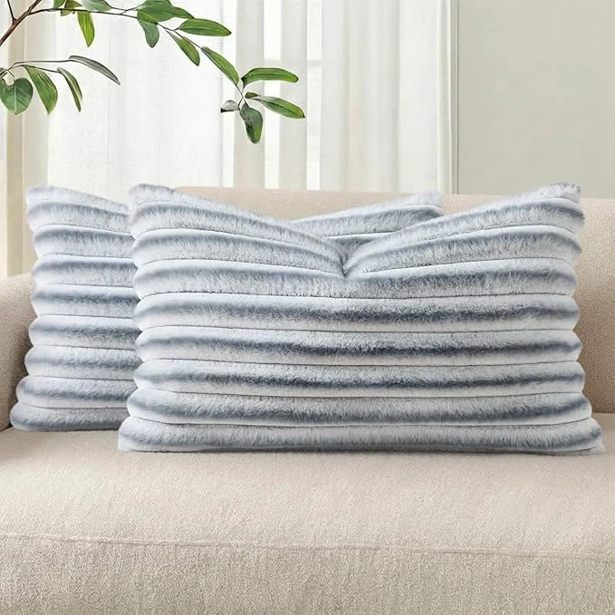 Clean Pallene Faux Fur Plush Lumbar Throw Pillow Covers 12x20 Set of 2 Luxury Soft Optimized