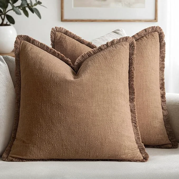 Durable MIULEE Decorative Throw Pillow Covers Neutral Linen Fringe Throw Pillows Set of Authentic