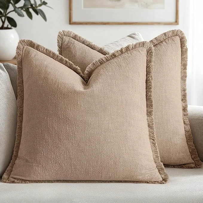 Elegant MIULEE Decorative Throw Pillow Covers Neutral Linen Fringe Throw Pillows Euro Durable