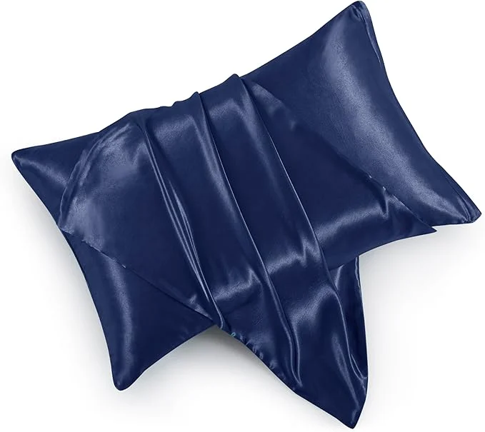 Genuine Navy Blue Satin Pillowcases Detailed