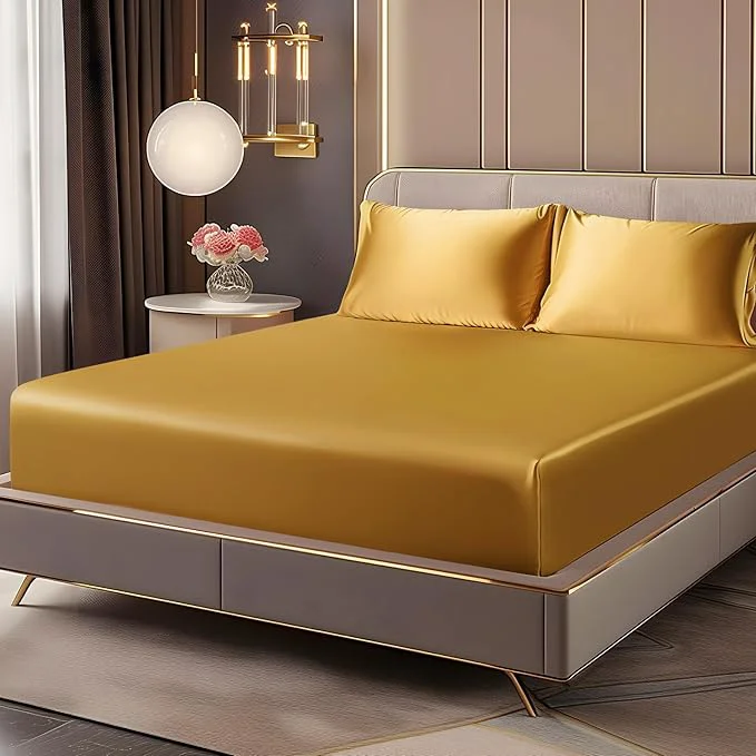 Optimized BEDELITE Satin Fitted Sheet and Pillowcases Set Luxury Soft Similar to Silk Effective