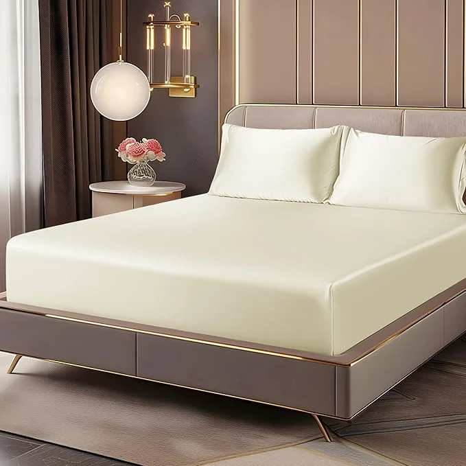 Long-Lasting BEDELITE Satin Fitted Sheet and Pillowcases Set Luxury Soft Similar to Silk Eco-Friendly