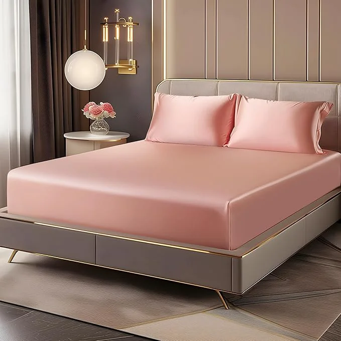Trendy BEDELITE Satin Fitted Sheet and Pillowcases Set Luxury Soft Similar to Silk Smart