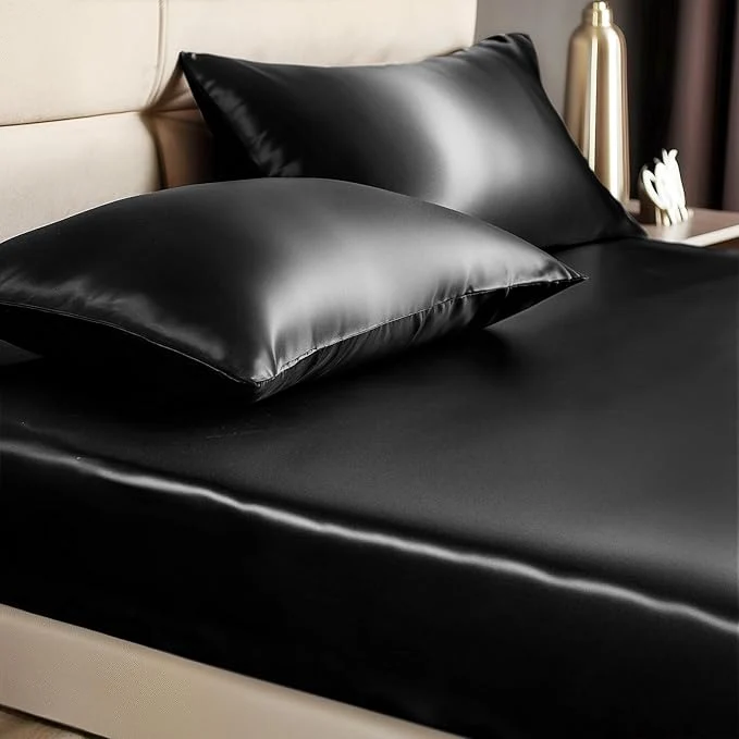 BEDELITE Satin Fitted Sheet and Pillowcases Set Luxury Soft Similar to Silk High-End