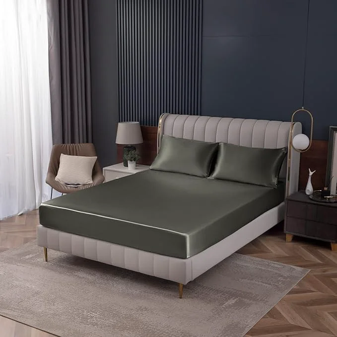 Flexible Homiest Dark Grey Satin Fitted Sheet Twin Size Deep Pocket Luxury Ultra Fast