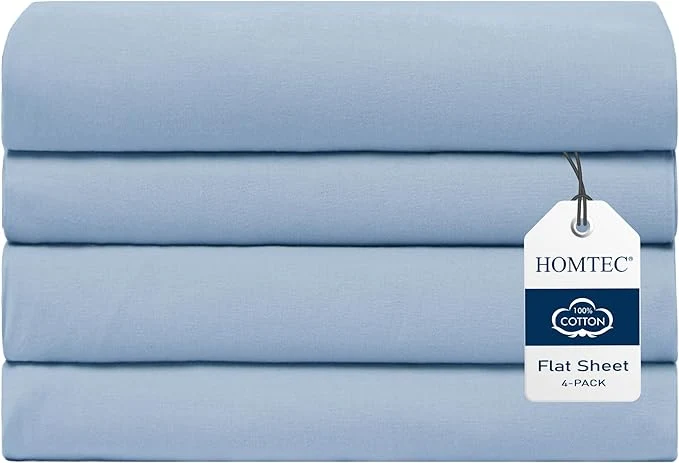 Authentic Queen Size Flat Sheet 4 Pack Cotton Percale Flat Bed Sheet Breathable Outstanding