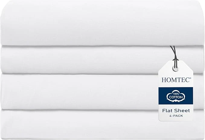 Enhanced Queen Size Flat Sheet 4 Pack Cotton Percale Flat Bed Sheet Breathable High-Grade