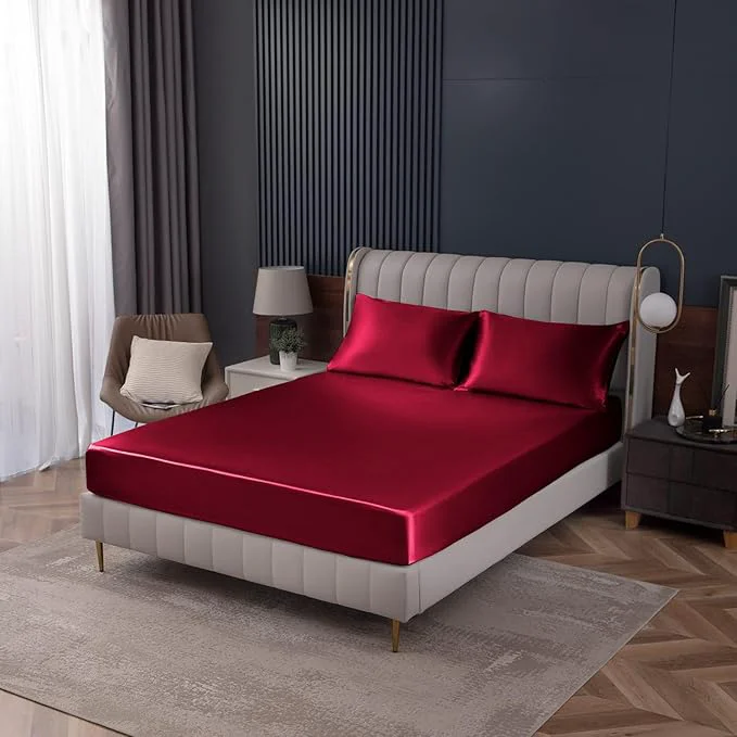 Quality Homiest Burgundy Satin Fitted Sheet Queen Size Deep Pocket Luxury Ultra Minimalist