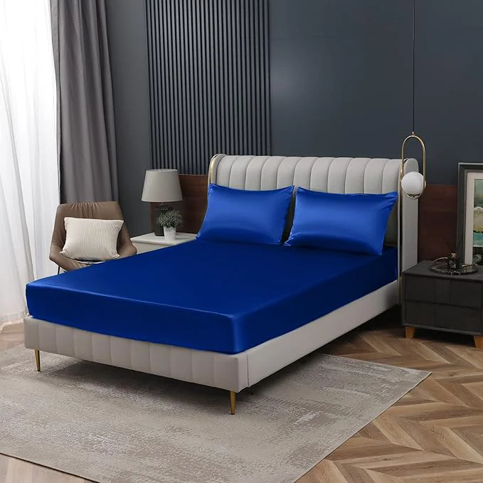 High-End Homiest Royal Blue Satin Fitted Sheet King Size Deep Pocket Luxury Ultra Outstanding