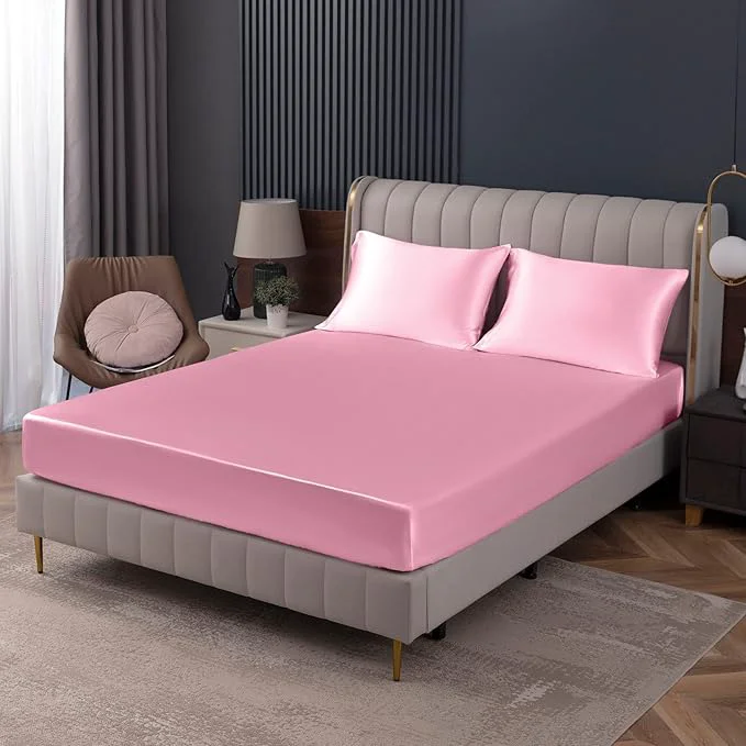 Professional Homiest Pink Satin Fitted Sheet Twin Size Deep Pocket Luxury Ultra Soft Secure