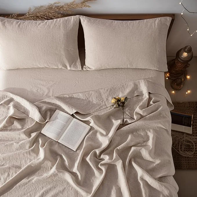 Convenient LBRO2M Pure Linen Sheet Set Deep Pocket Up to 16 Bed Sheets Sets Reusable