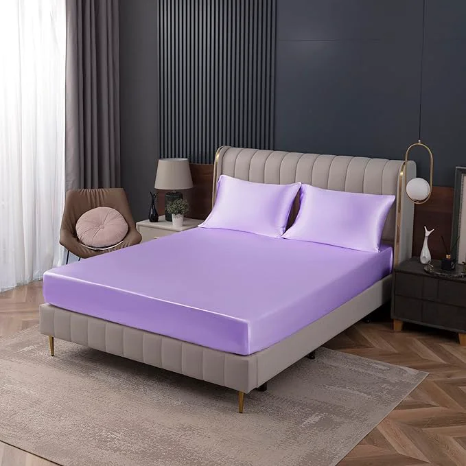 Pure Homiest Lavender Satin Fitted Sheet Queen Size Deep Pocket Luxury Ultra Fine