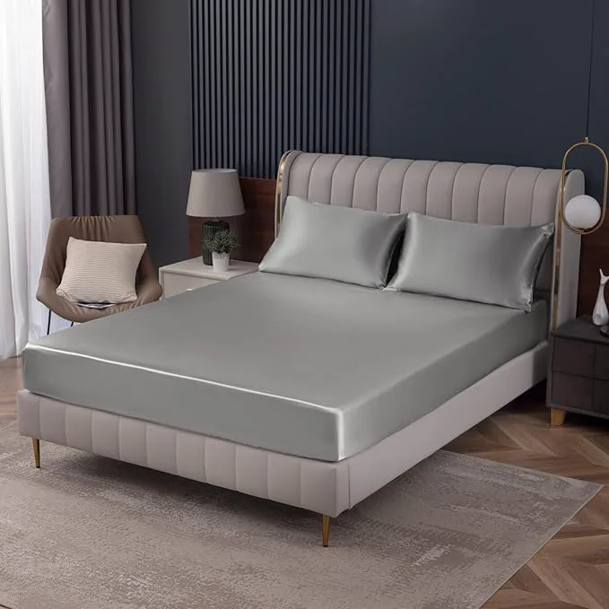 Consistent Homiest Luxury Light Grey Satin Fitted Twin Size Deep Pocket Bed Sheet Smooth