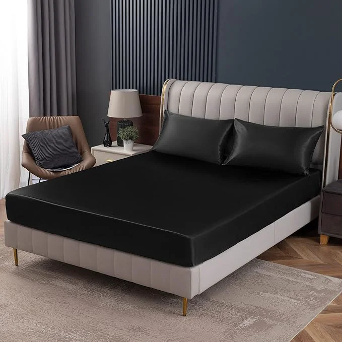 Solid Homiest Black Satin Fitted Sheet King Size Deep Pocket Luxury Ultra Soft Environmentally Friendly