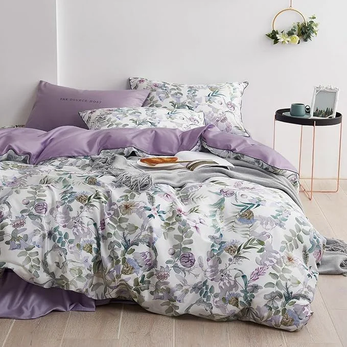 Modern mixinni Garden Style Purple Floral Printed on White Duvet Cover Queen Size Consistent