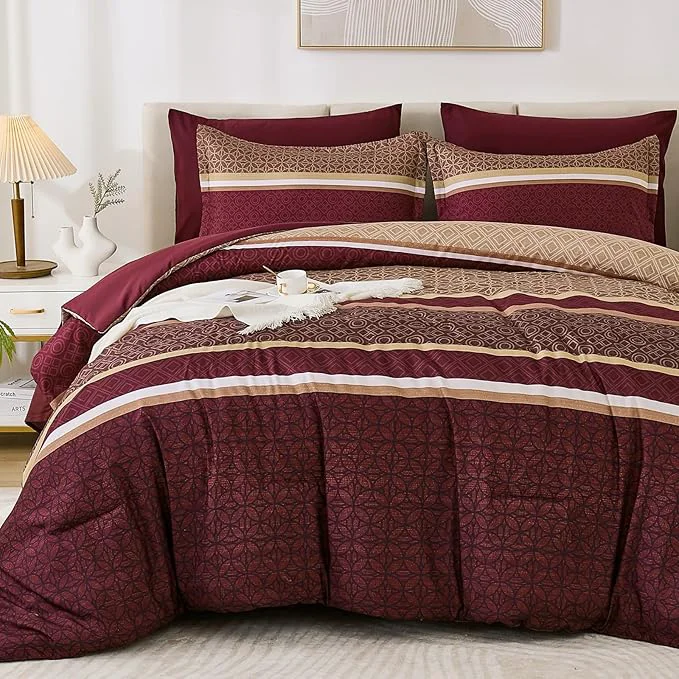 Official WONGS BEDDING Burgundy Comforter Set King Size 7 Pieces Maroon Striped Bed in Versatile