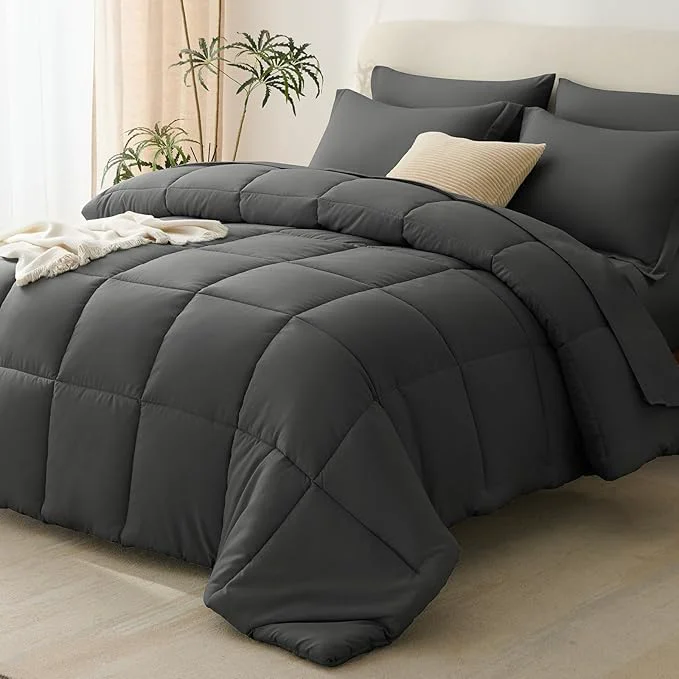 Secure CozyLux Oversized King Comforter Sets Dark Grey 7 Pieces Bed in a Bag Fine
