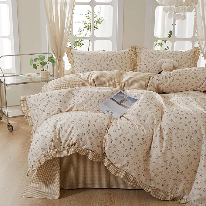 Verified mixinni Beige Floral Duvet Cover Full Size Cotton Cute Strawberry Floral High-Grade