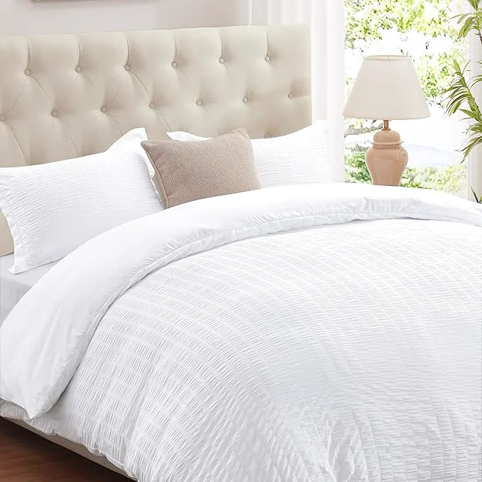 Clean Cozyide White Duvet Cover Queen Size Soft 3-Piece Seersucker Queen Duvet Cover Crafted