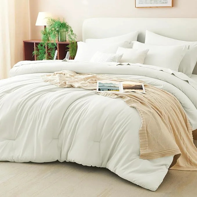 Specialty CozyLux Queen Comforter Set Ivory 7 Pieces Bed in a Bag Queen Comforter Set Minimalist