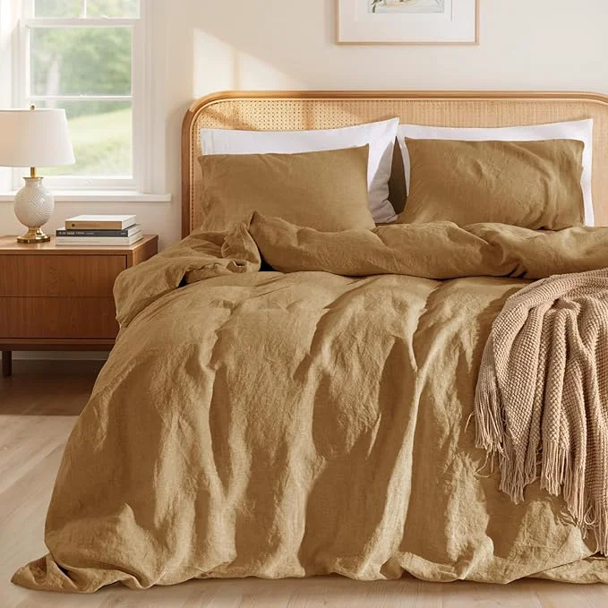 Superior LBRO2M France Linen Duvet Cover Set Full Size 3 Pcs Natural Flax Comforter Premium Material