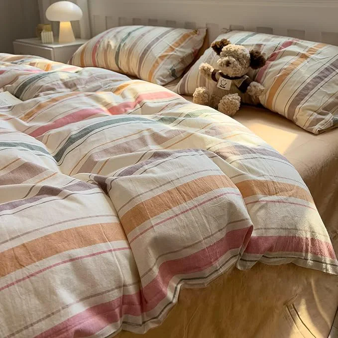 User-Friendly MKXI Washed Cotton Duvet Cover Set Retro Stripes in Autumn Palette 3-Piece Innovative