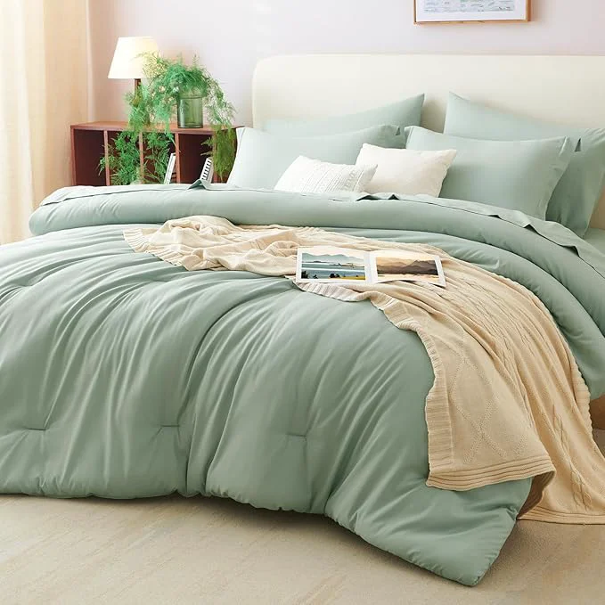 Contemporary CozyLux Full Comforter Set Sage Green 7 Pieces Bed in a Bag Bedding Comforter Selected