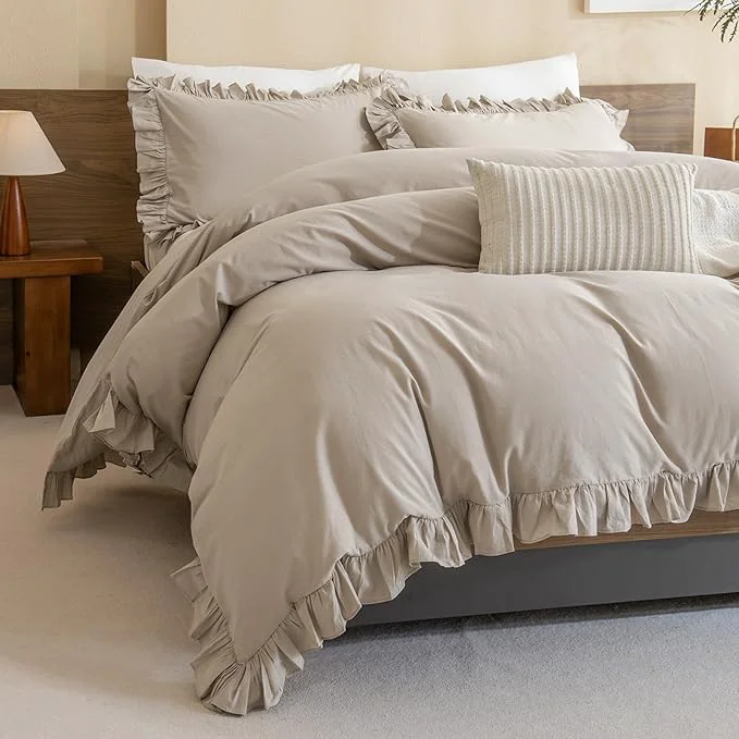 Lightweight QSH Washed Cotton Queen Duvet Cover Set Ruffle Duvet Cover Linen Textured Casual