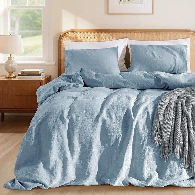 Carefully Designed LBRO2M France Linen Duvet Cover Set Cal King Size 3 Pcs Natural Flax