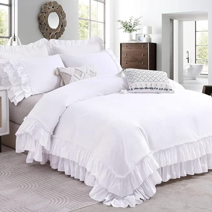 Fashionable QSH Ruffle White Duvet Cover California King Size- Washed Cotton Shabby Optimized