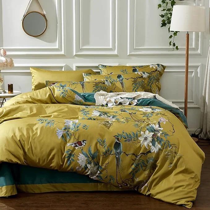 Next-Generation mixinni Floral Duvet Cover Set Full Soft Cotton White Flowers Birds Bedding Breathable